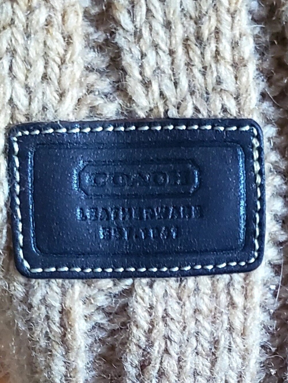 Coach Brown and Tan Ribbed Knit Scarf-Style Crewneck